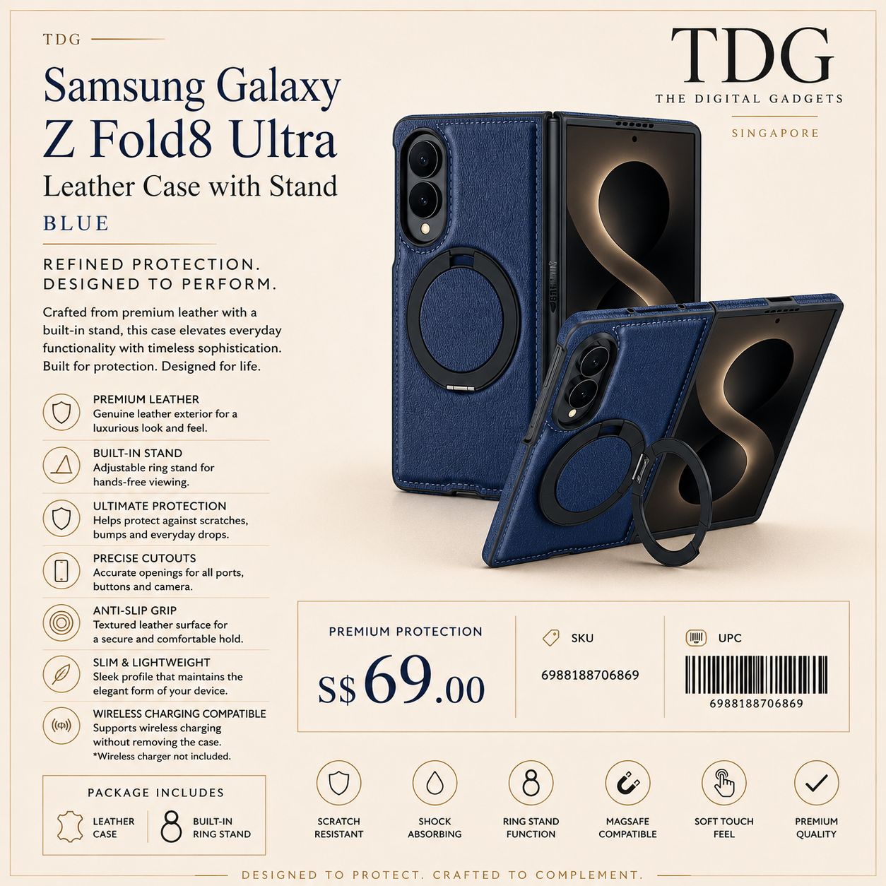 TDG Samsung Galaxy Z Fold8 Leather Case with Stand, Blue