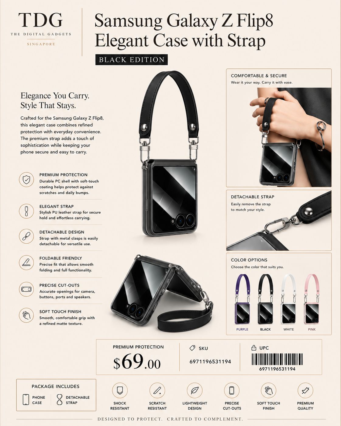 TDG Samsung Galaxy Z Flip8 Elegant Case with Strap, Black