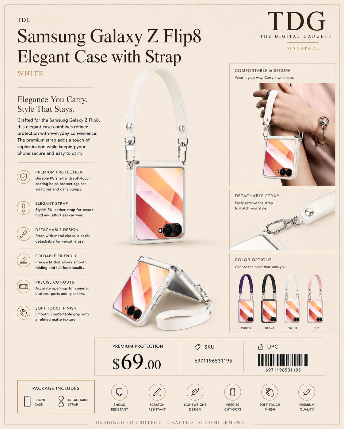 TDG Samsung Galaxy Z Flip8 Elegant Case with Strap, White