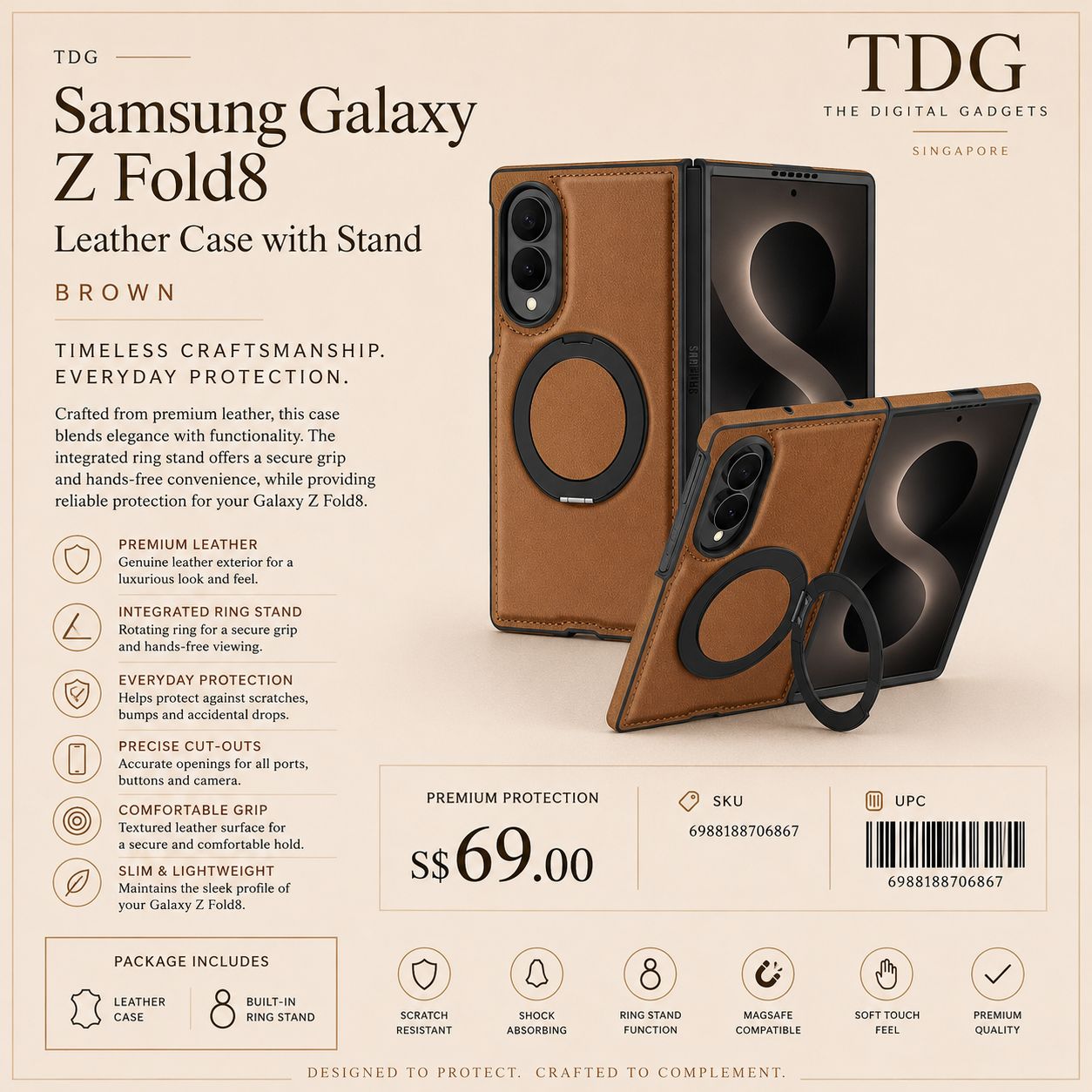 TDG Samsung Galaxy Z Fold8 Leather Case with Stand, Brown
