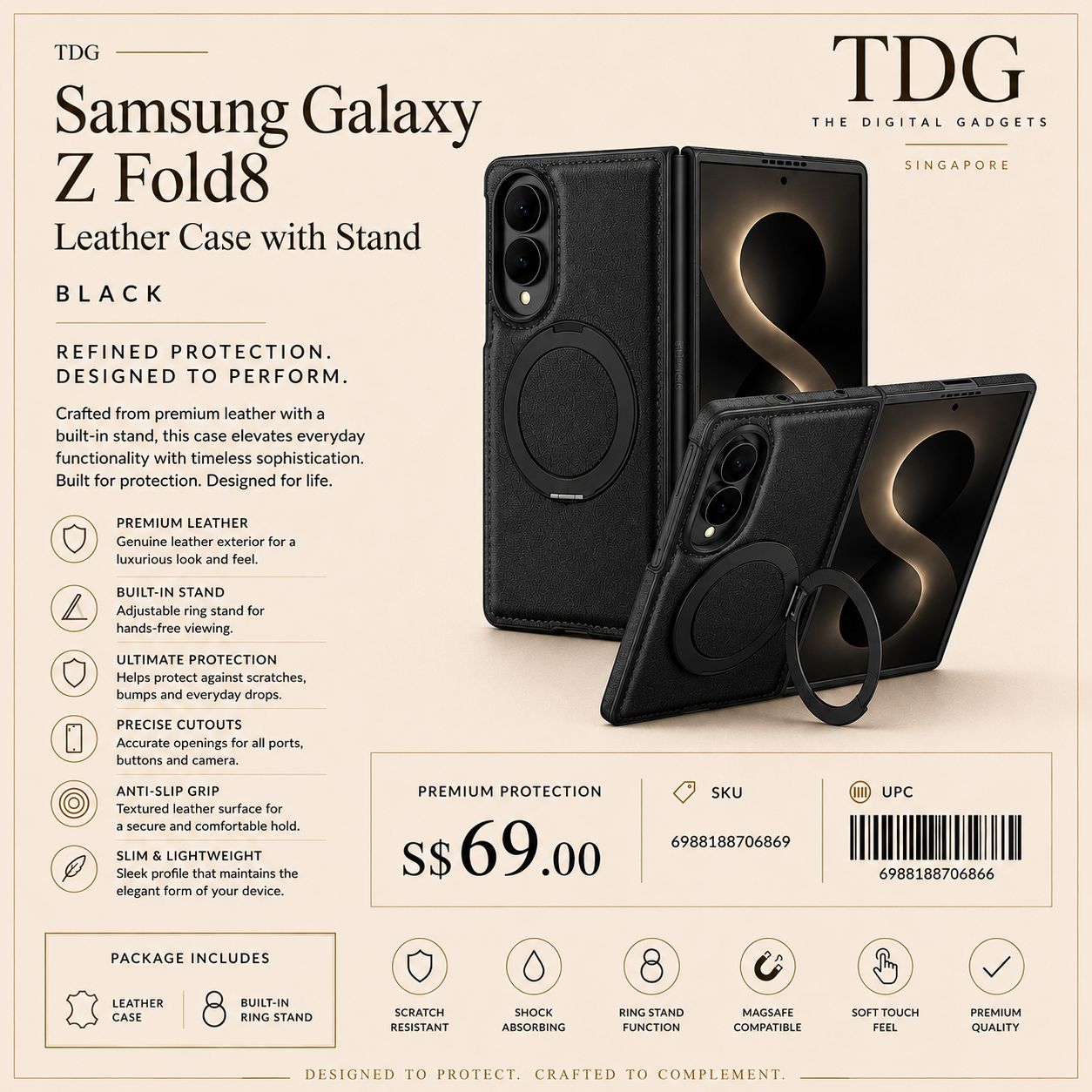TDG Samsung Galaxy Z Fold8 Leather Case with Stand, Black