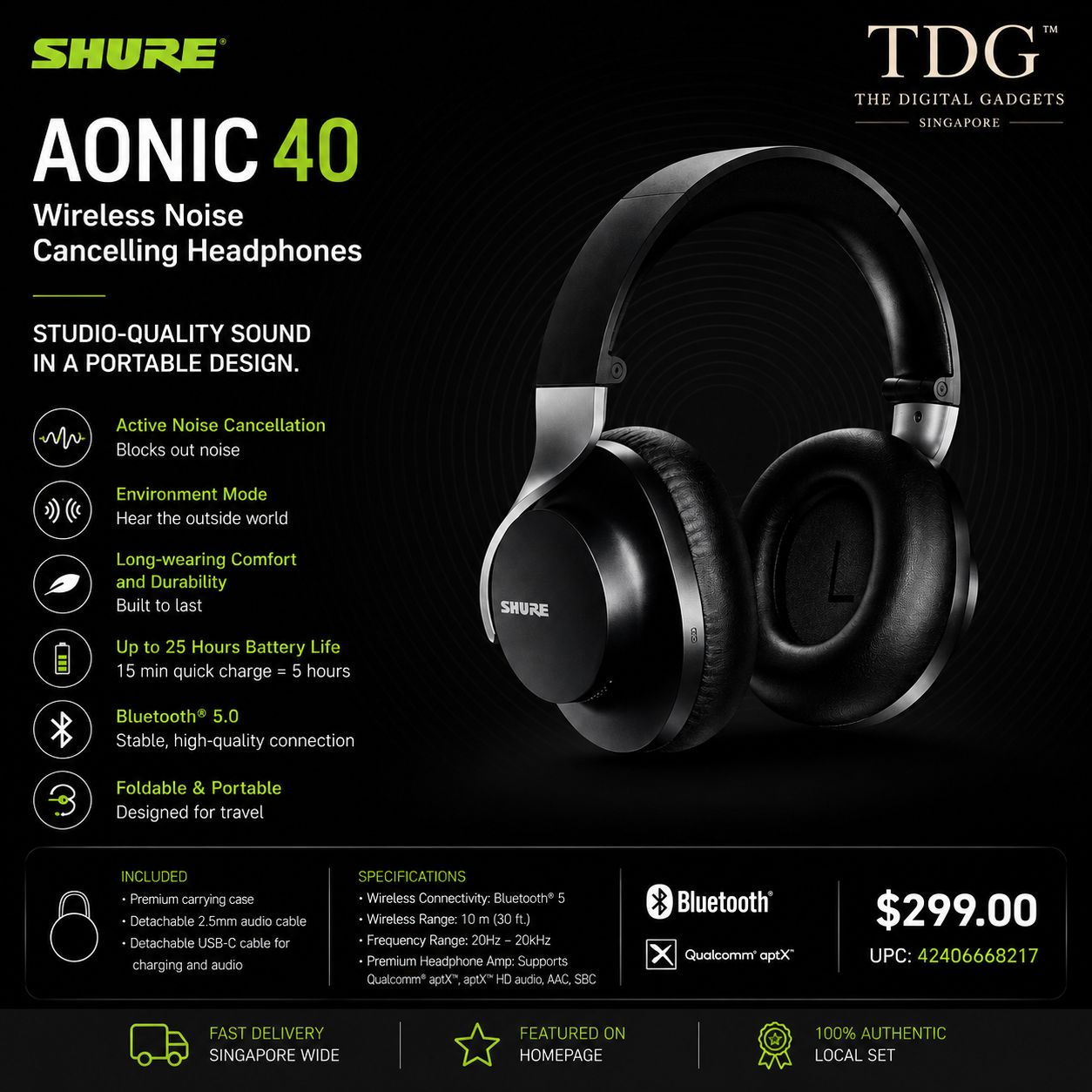 Shure AONIC 40 Bluetooth Headphone, Black
