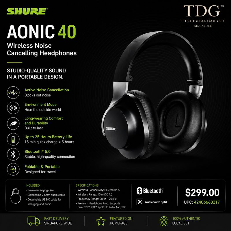 Shure AONIC 40 Bluetooth Headphone, Black