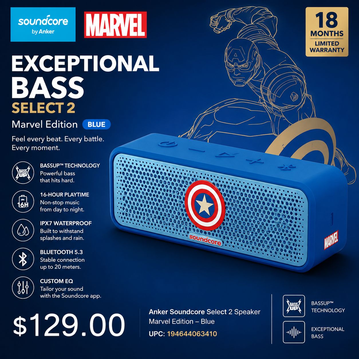 Anker Soundcore Select 2 Speaker, Marvel Blue