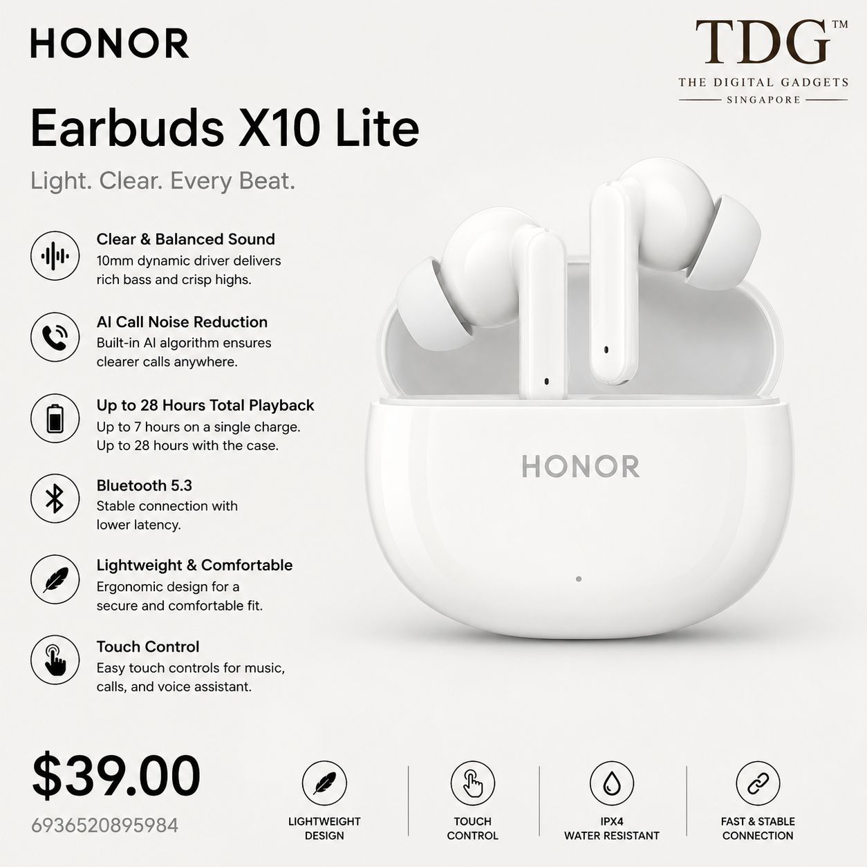 Honor Earbuds X10 Lite, White