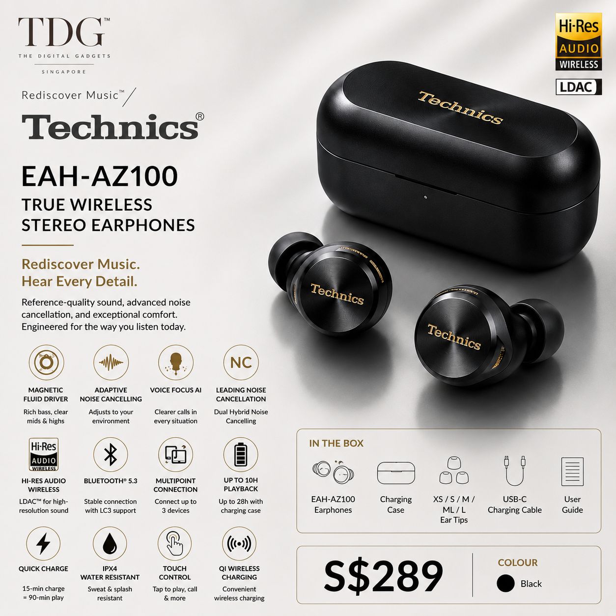 Technics EAH-AZ100 TWS Earphone, Black
