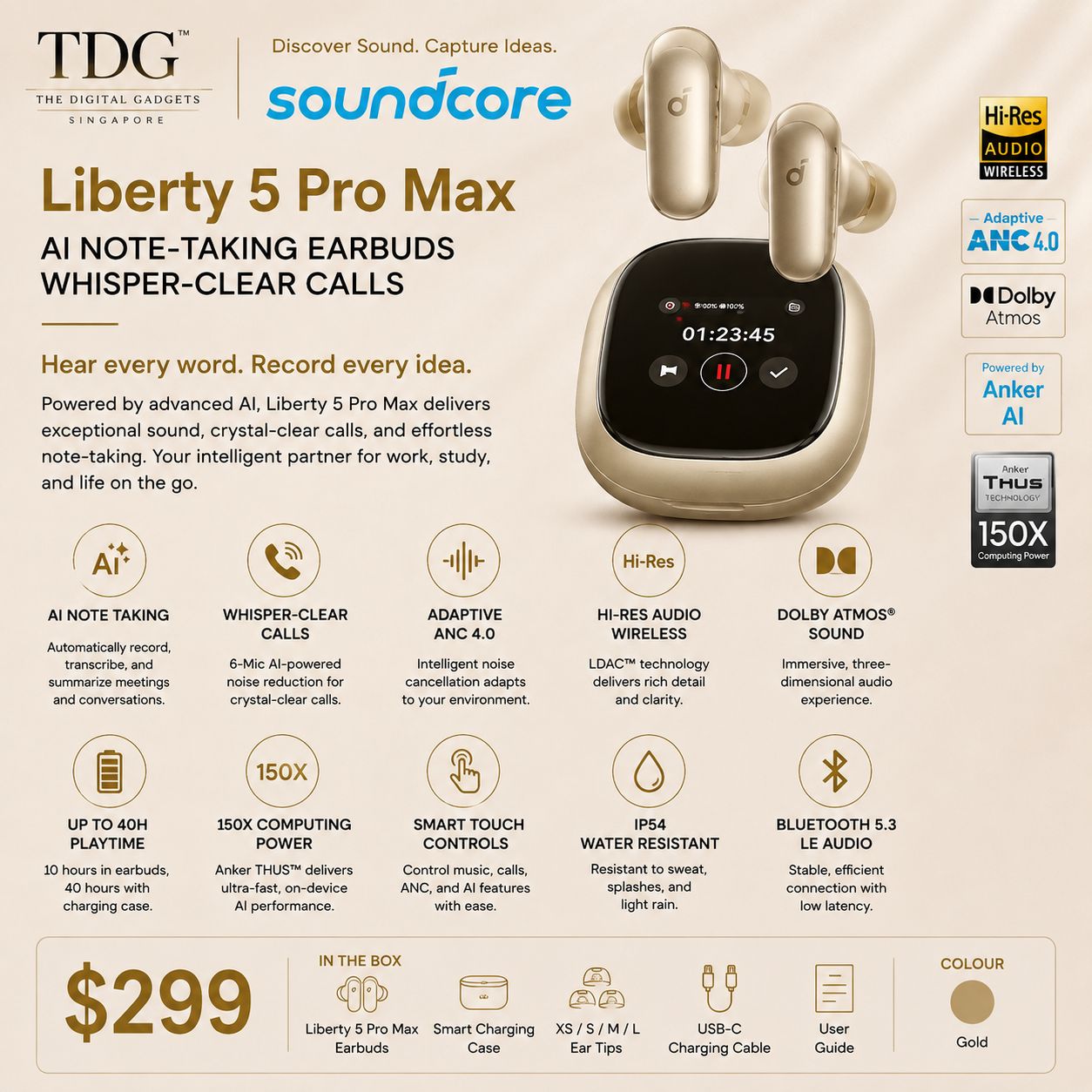 Anker Liberty 5 Pro Max TWS Earphone, Gold