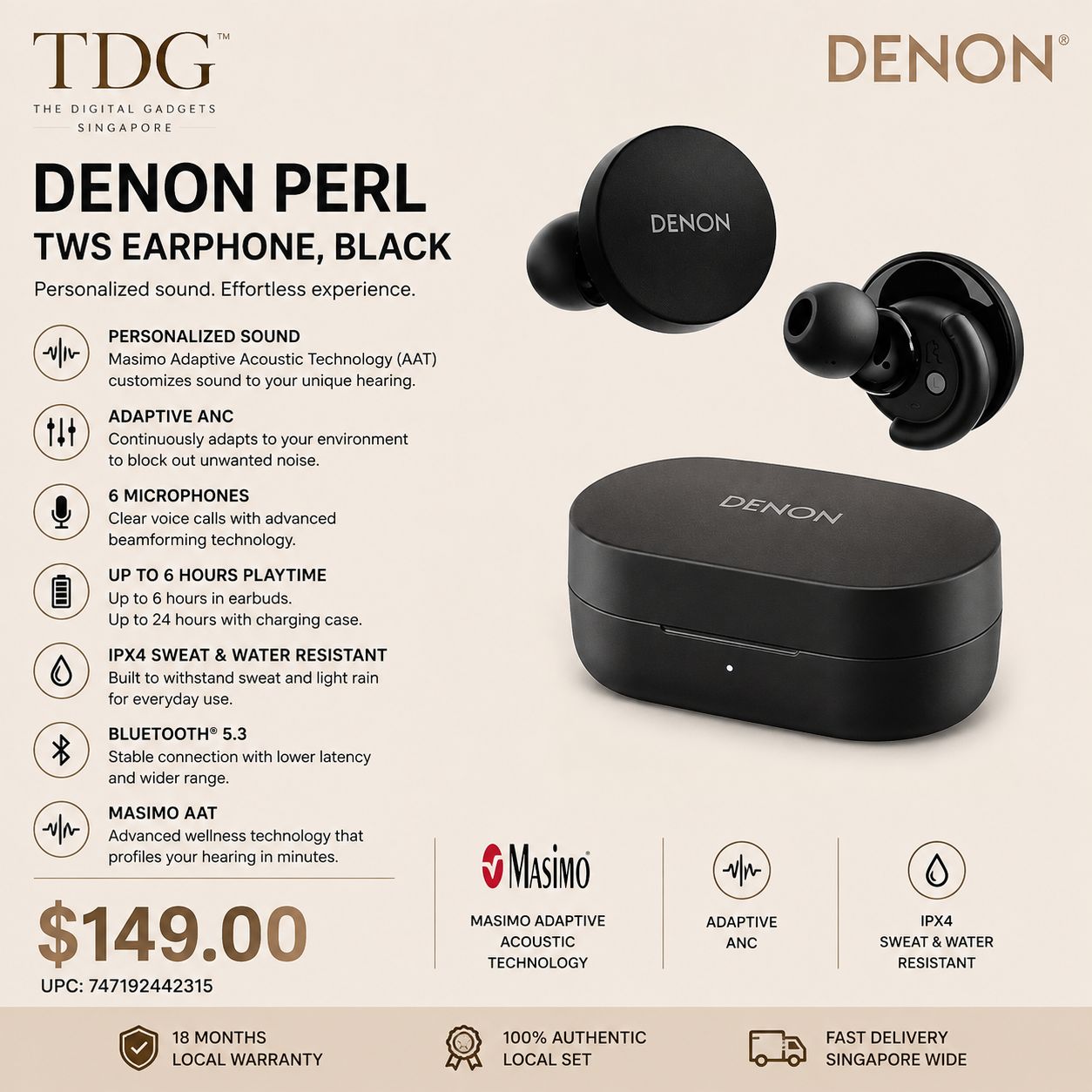Denon AH-C10PL Perl TWS Earphone, Black