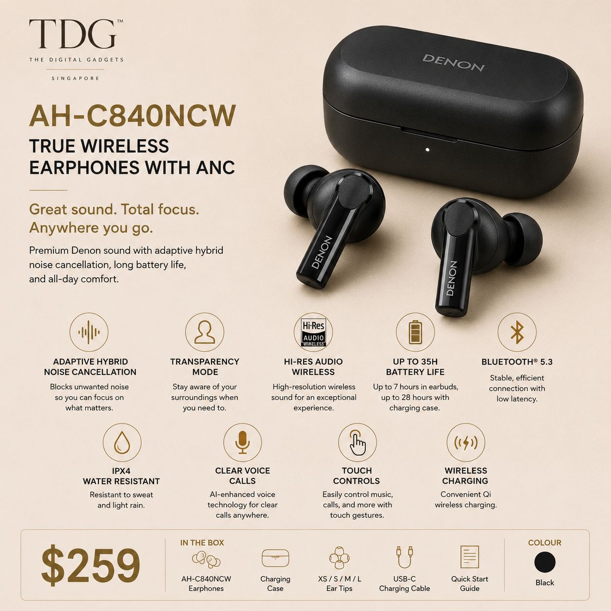 Denon AH-C840NCW TWS Earphone, Black