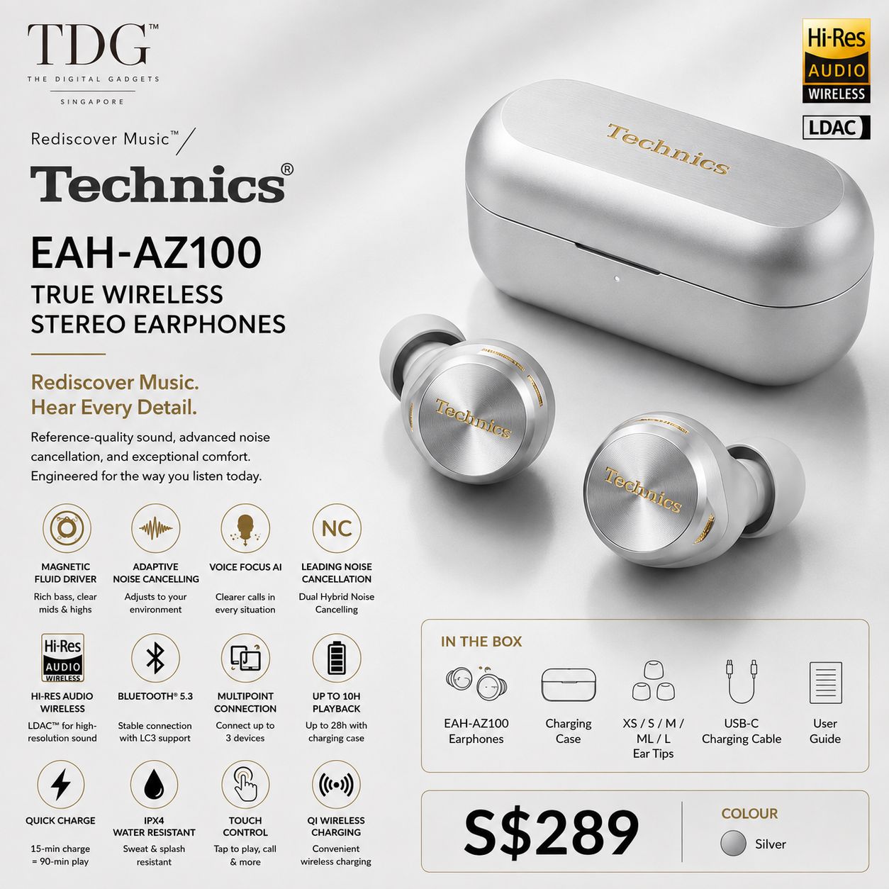 Technics EAH-AZ100 TWS Earphone, Sliver
