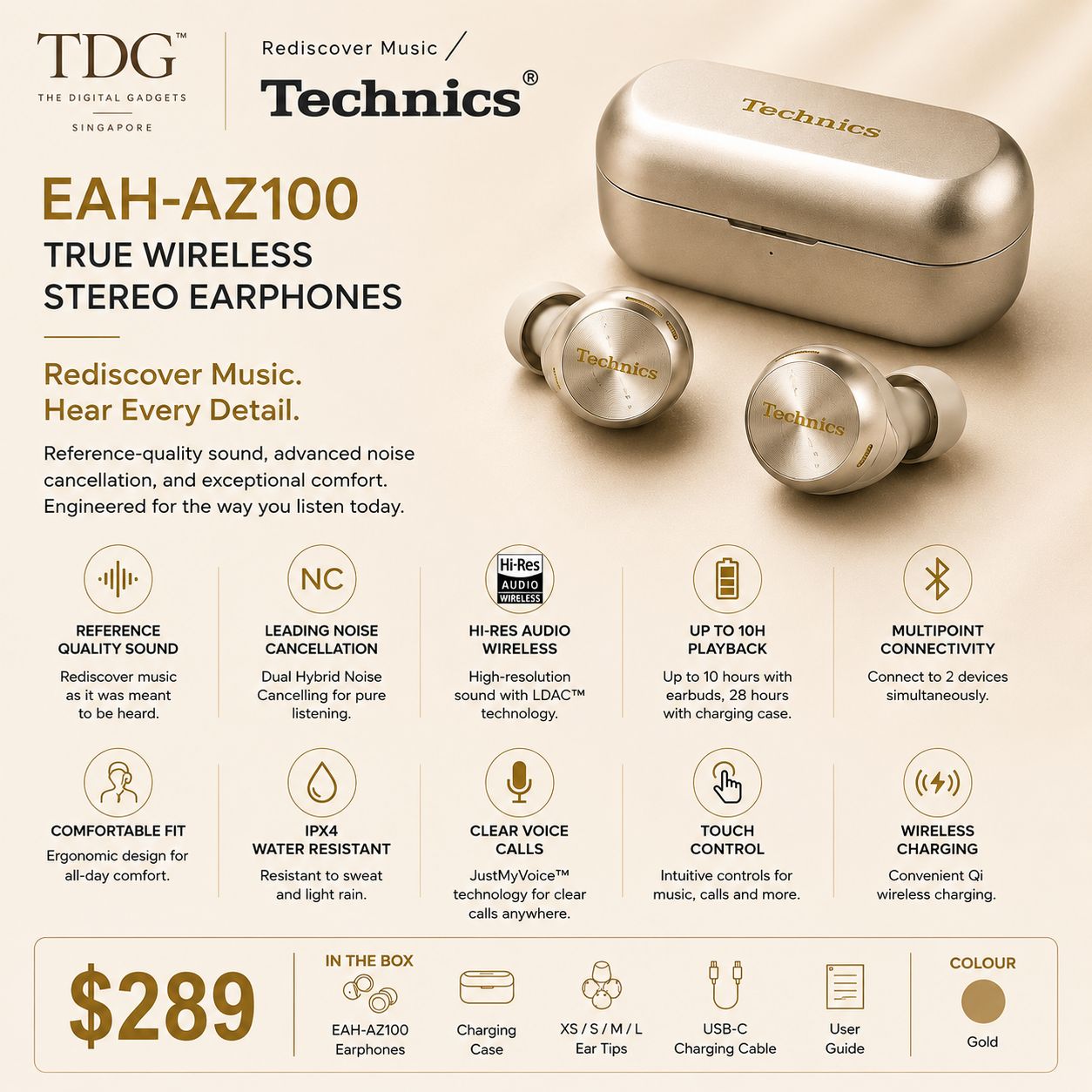 Technics EAH-AZ100 TWS Earphone, Gold
