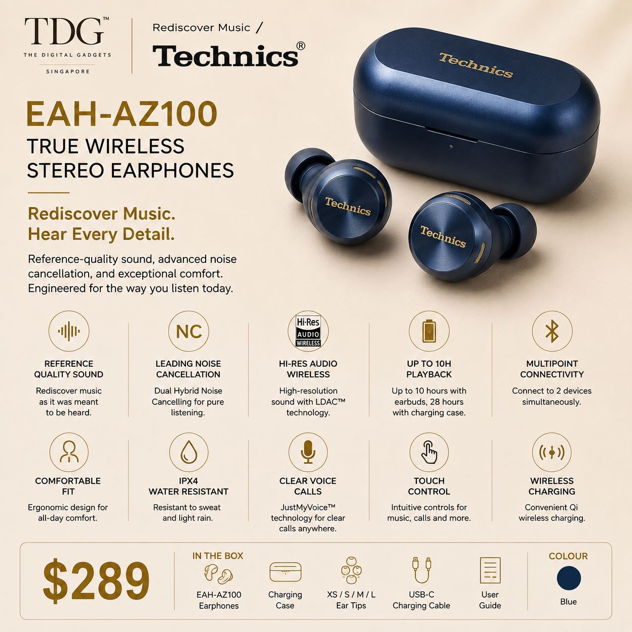 Technics EAH-AZ100 TWS Earphone, Blue