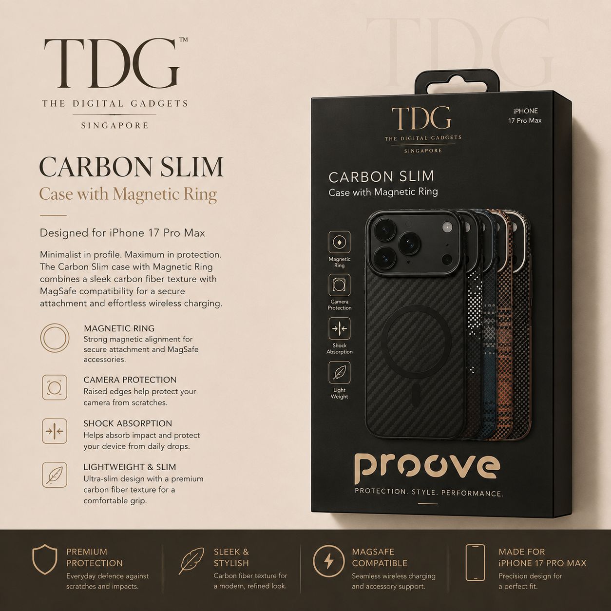 Proove Carbon Slim Case with Magnetic Ring for iPhone 17 Pro Max
