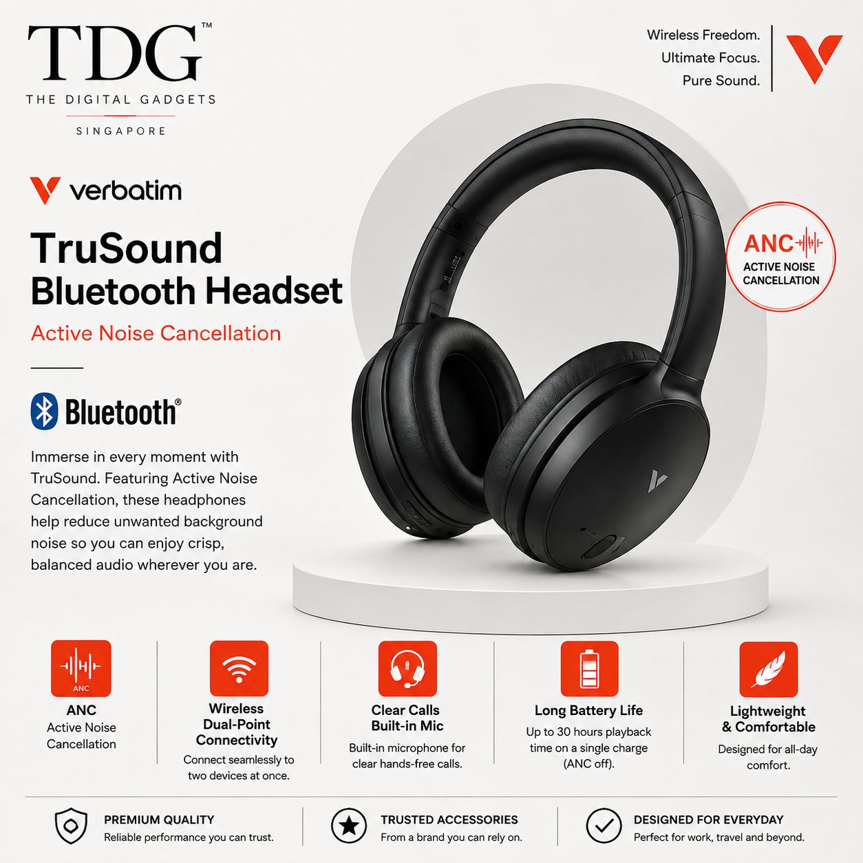 Verbatim TruSound Bluetooth Headset with Active Noise Cancellation - Black