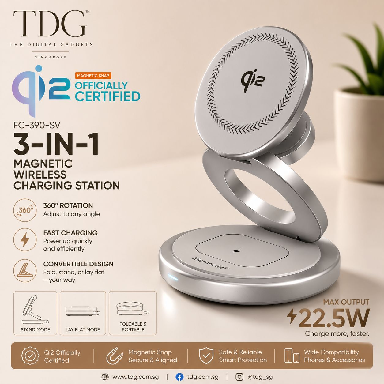 Elementz FC-39Q-SV Qi2 3-in-1 Fast Charging Station - Silver