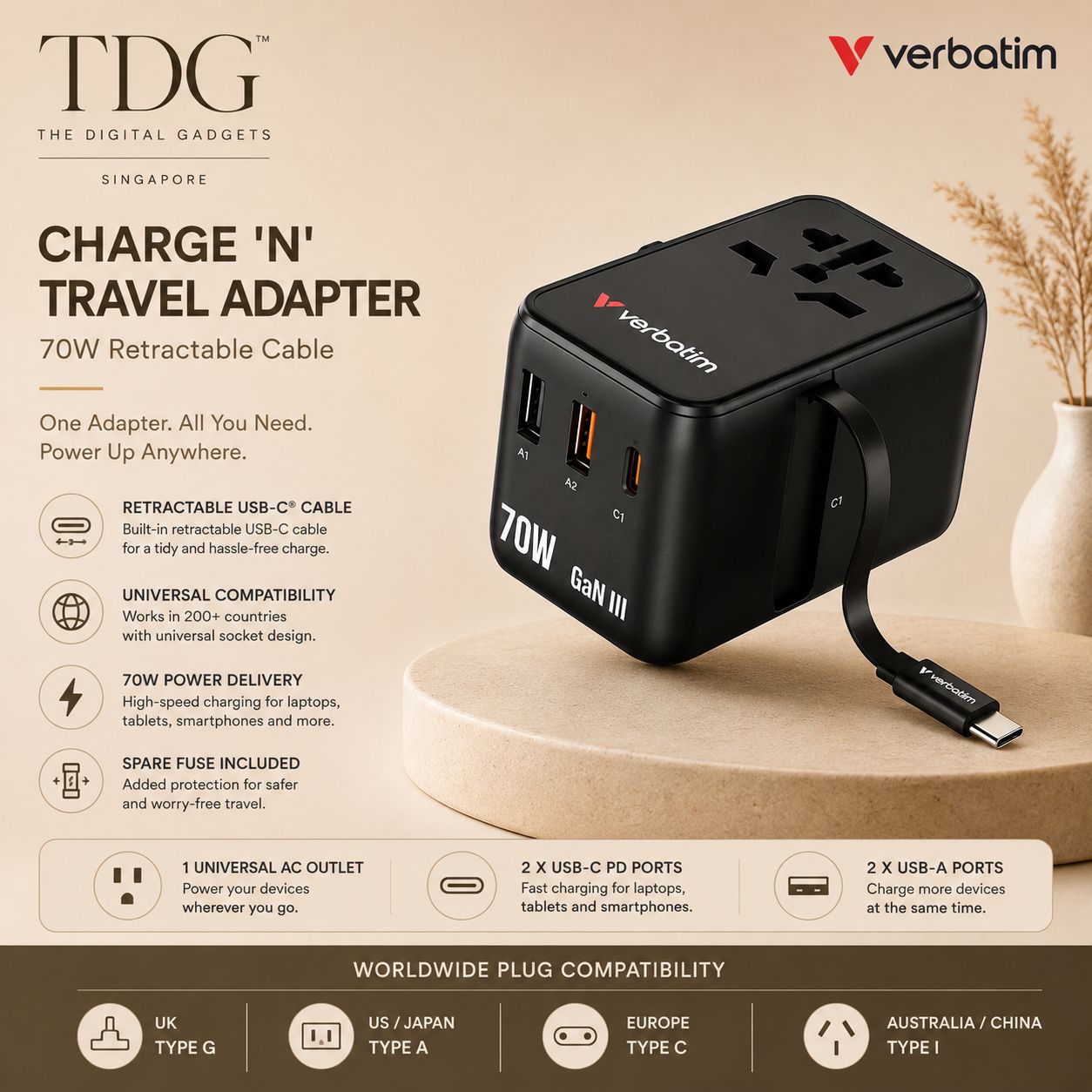Verbatim Charge 'N' Travel Adapter 70W with Retractable USB-C Cable