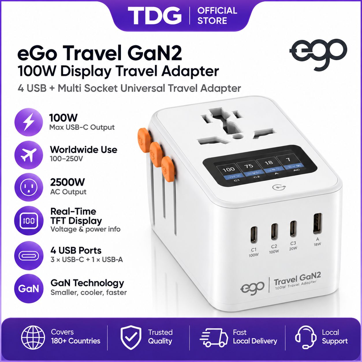 eGo Travel GaN2 100W Display Universal Travel Adapter