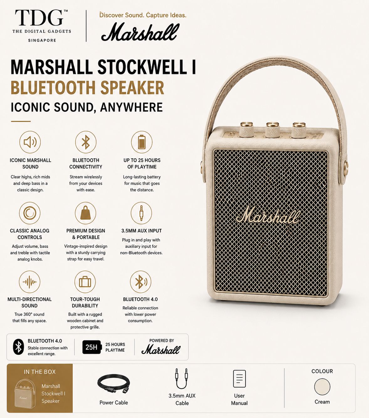 Marshall Stockwell I Bluetooth Speaker, Cream (online $359)