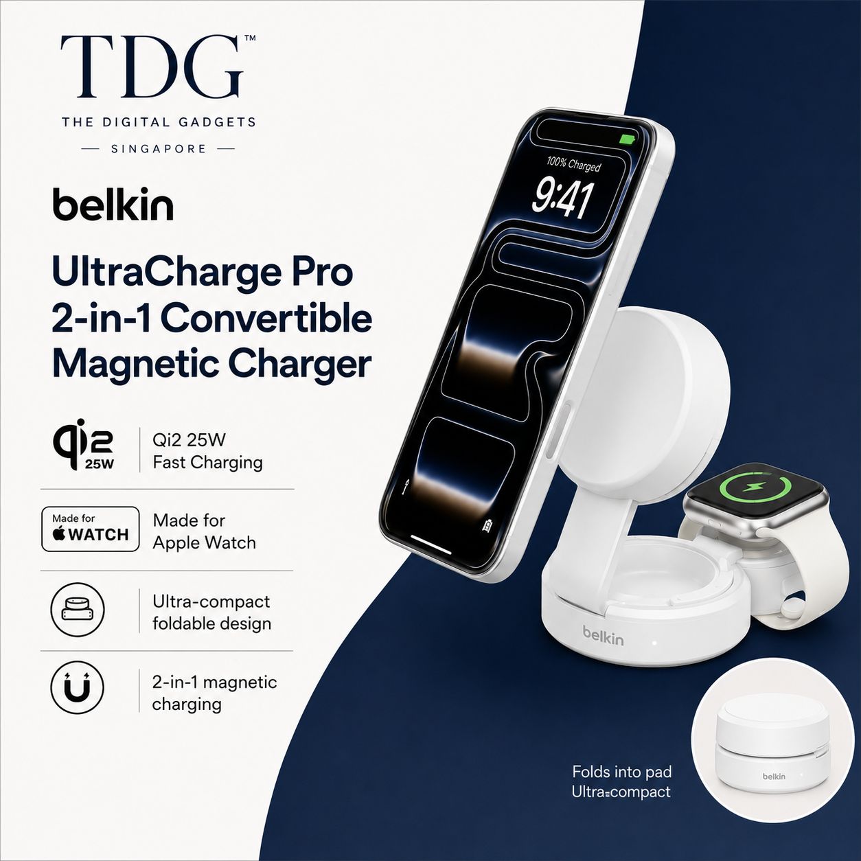 Belkin UltraCharge Pro 2-in-1 Convertible Magnetic Charger 25W, White