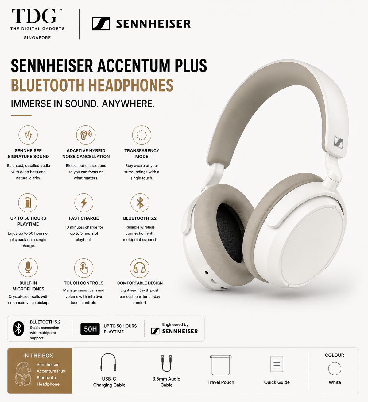 Sennheiser Accentum Plus Bluetooth Headphone, White (Online $239)
