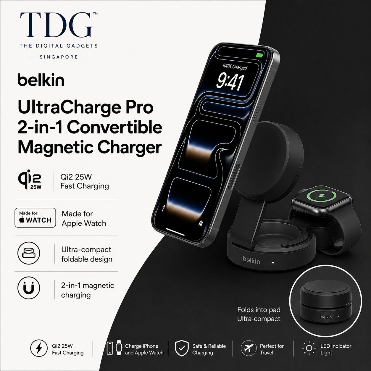 Belkin UltraCharge Pro Qi2 2in1 Charger, Black (WIZ043my)
