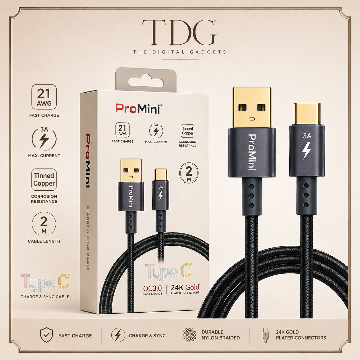 Promini USB-A to USB-C Cable, 2M Grey