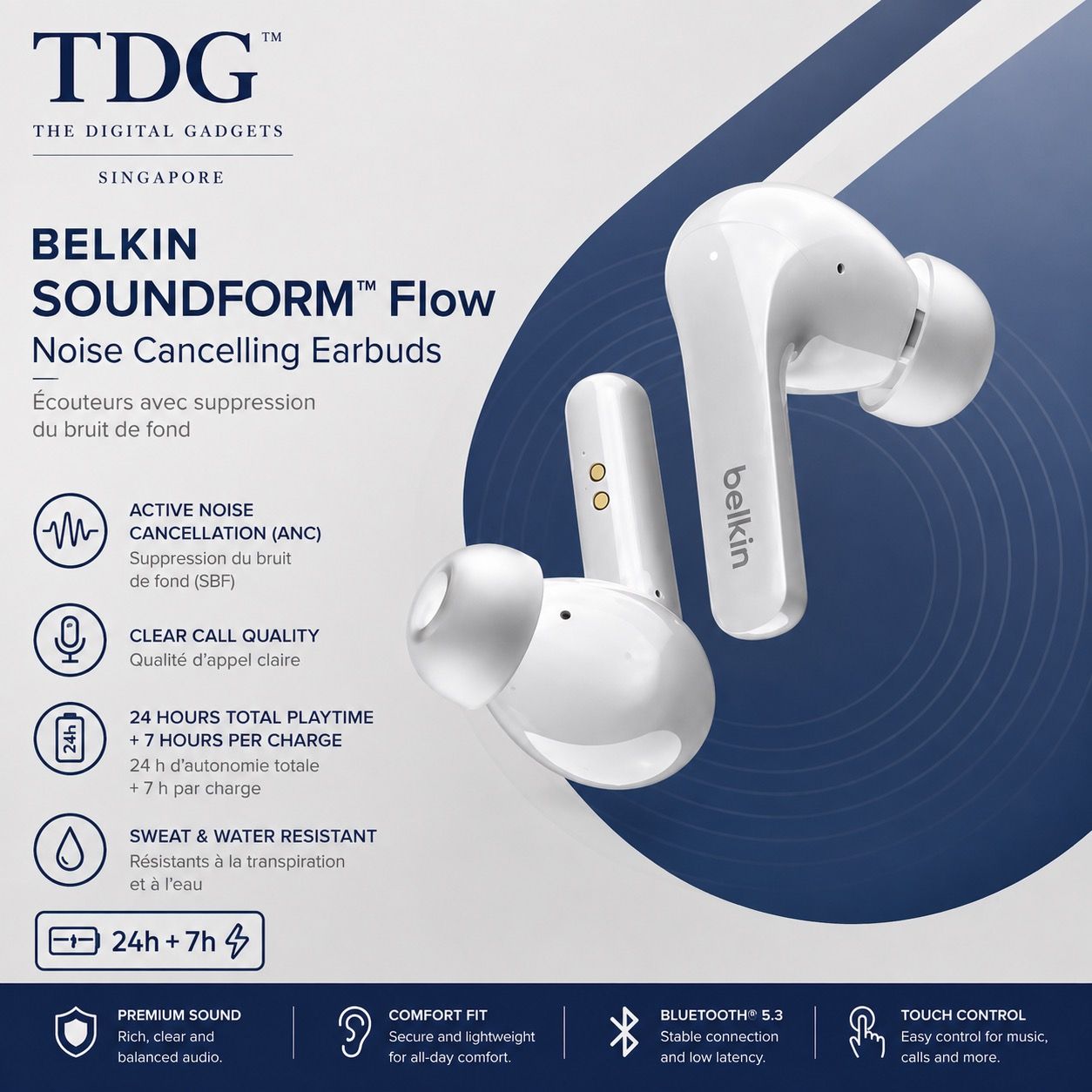 Belkin SoundForm Flow TWS Earphone, White (Online $79.00)