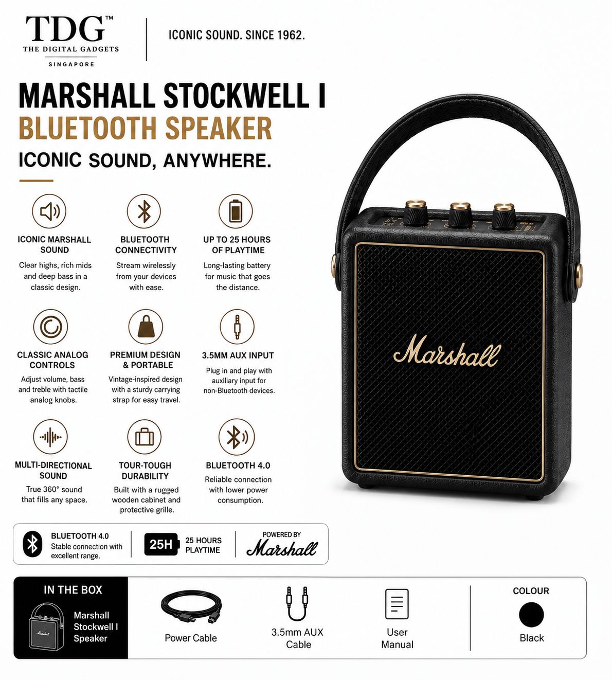 Marshall Stockwell I Bluetooth Speaker, Black (Online $359.00)