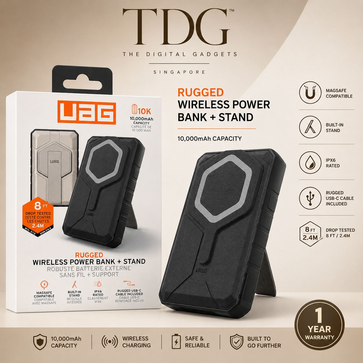 UAG Rugged Wireless Power Bank + Stand 10,000mAh