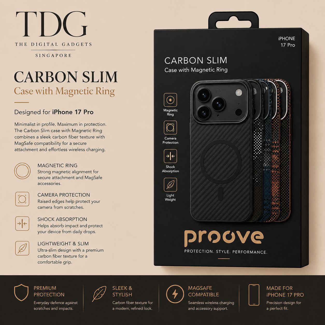 Proove Carbon Slim Case with Magnetic Ring for iPhone 17 Pro