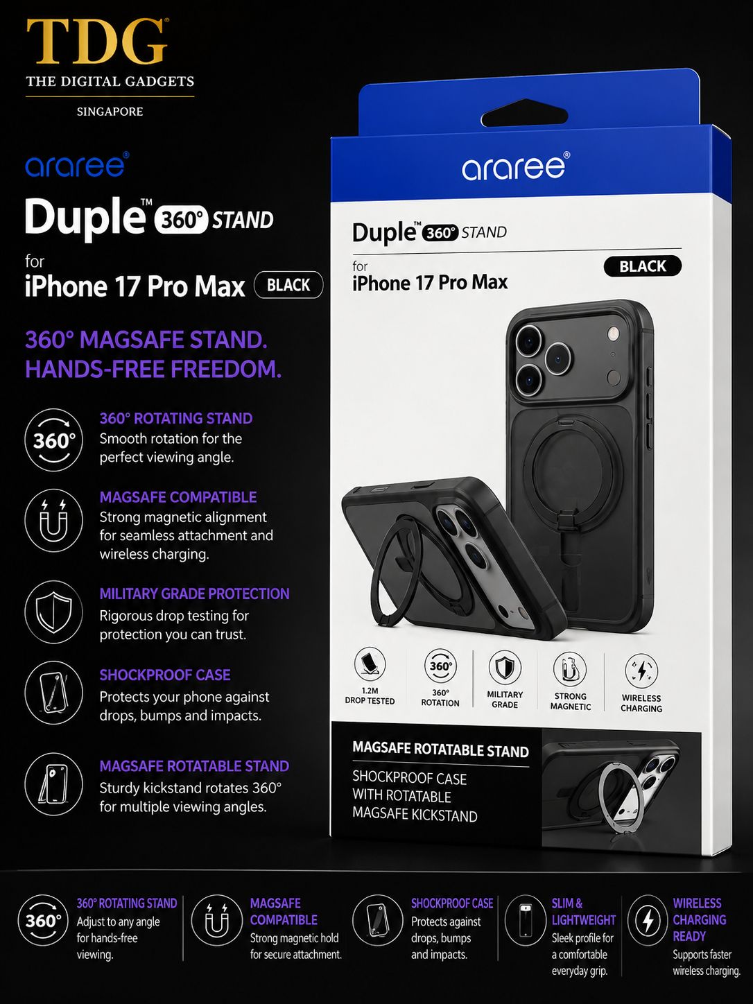 Araree iPhone 17 Pro Max Duple Stand Case, Black