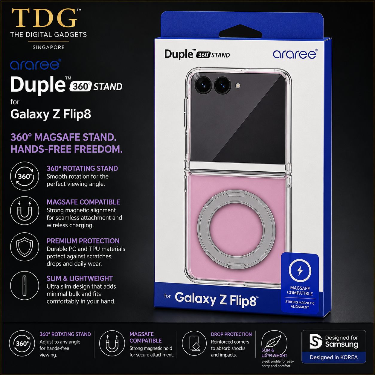 Araree Samsung Galaxy Z Flip8 Duple 360M Stand Case, Clear