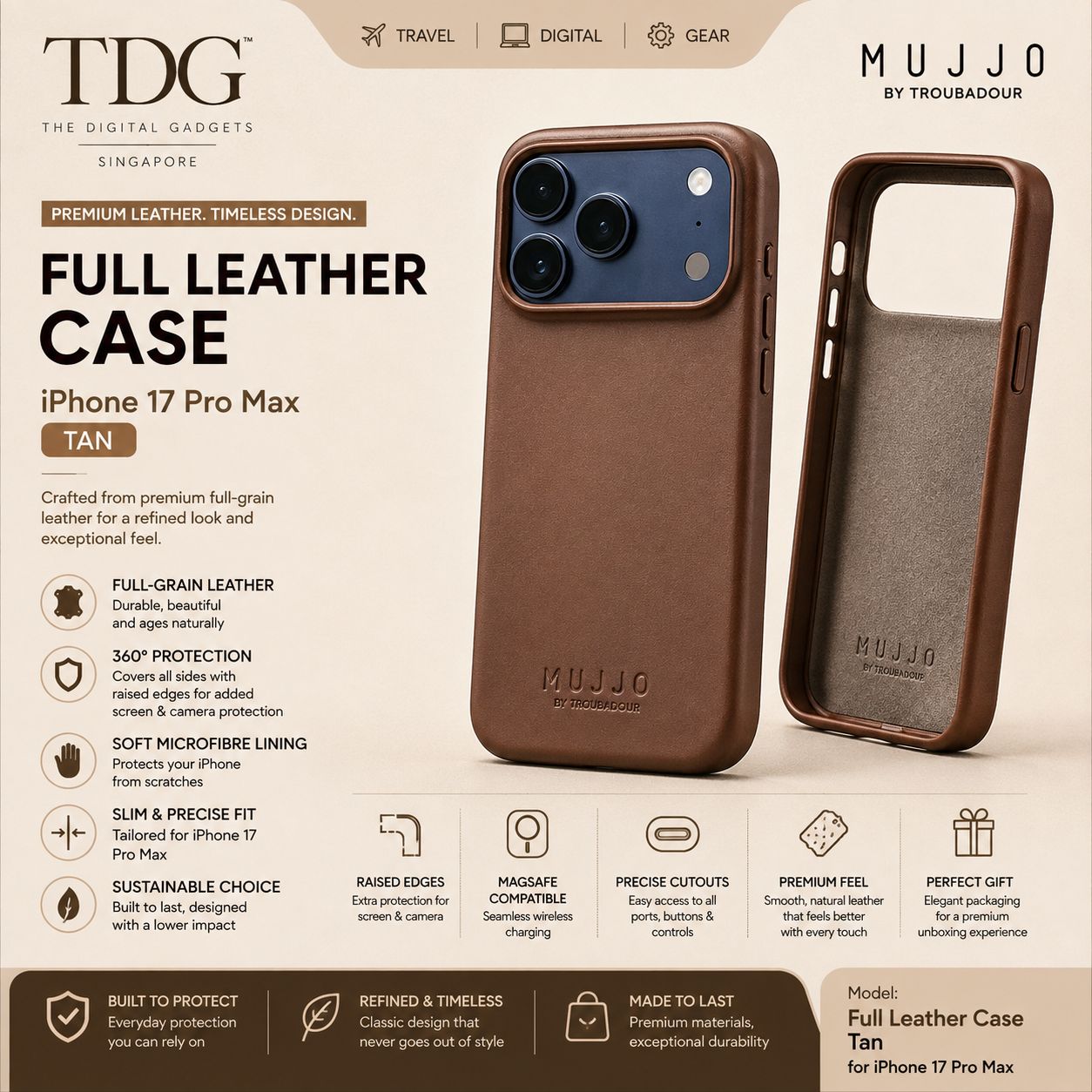 Mujjo iPhone 17 Pro Max Full Leather Case, Tan