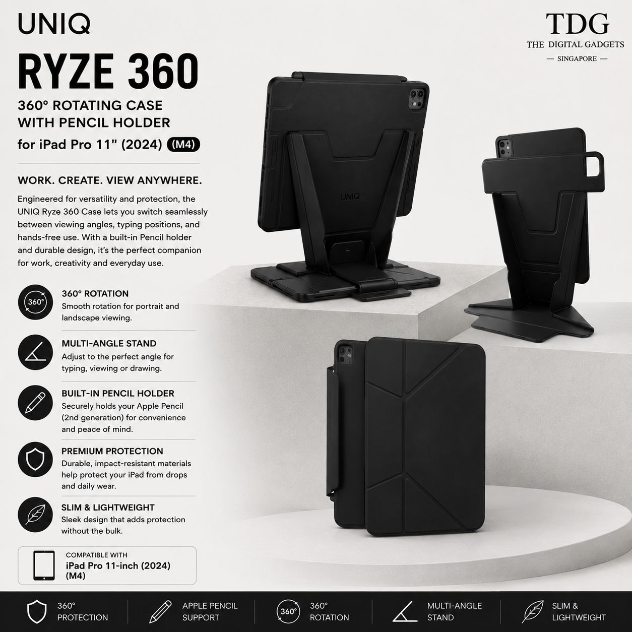 Uniq iPad Pro 11 (2024) Ryze 360 Case with Pencil Holder, Black