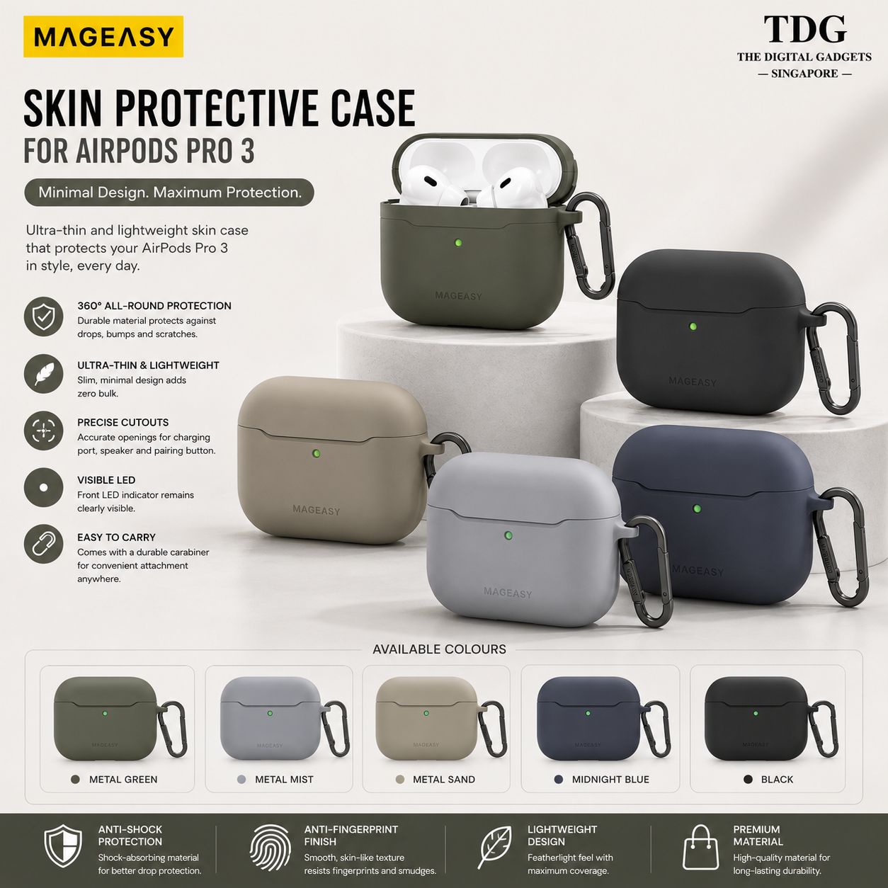 MAGEASY AirPods Pro 3 Skin Protective Case, Cosmic Silver