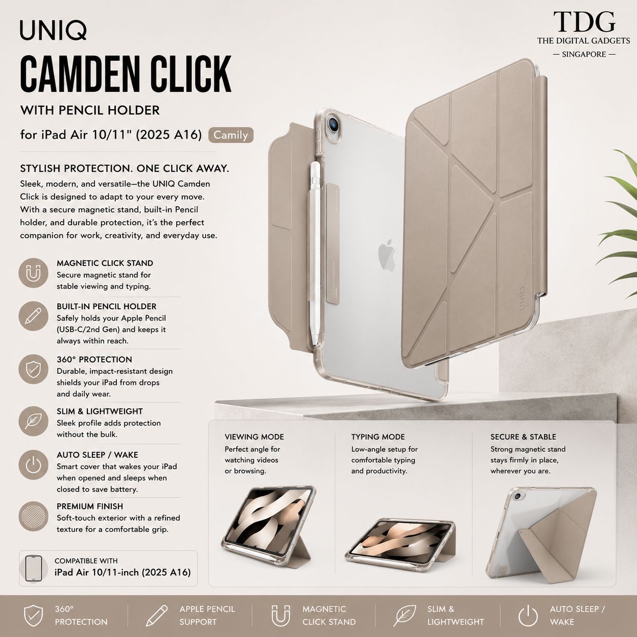 UNIQ Camden Click Case with Pencil Holder for iPad 11" A16 (2025) / iPad 10.9" 10th Gen