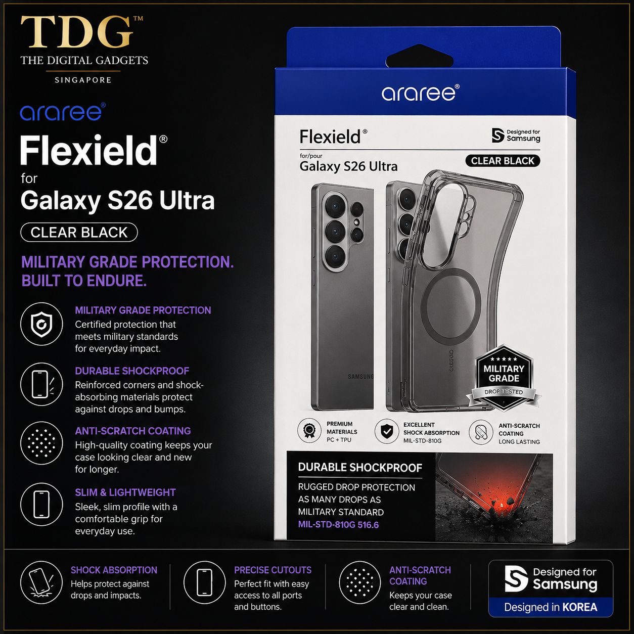 Araree Samsung Galaxy S26 Ultra Flexield Case, Clear Black