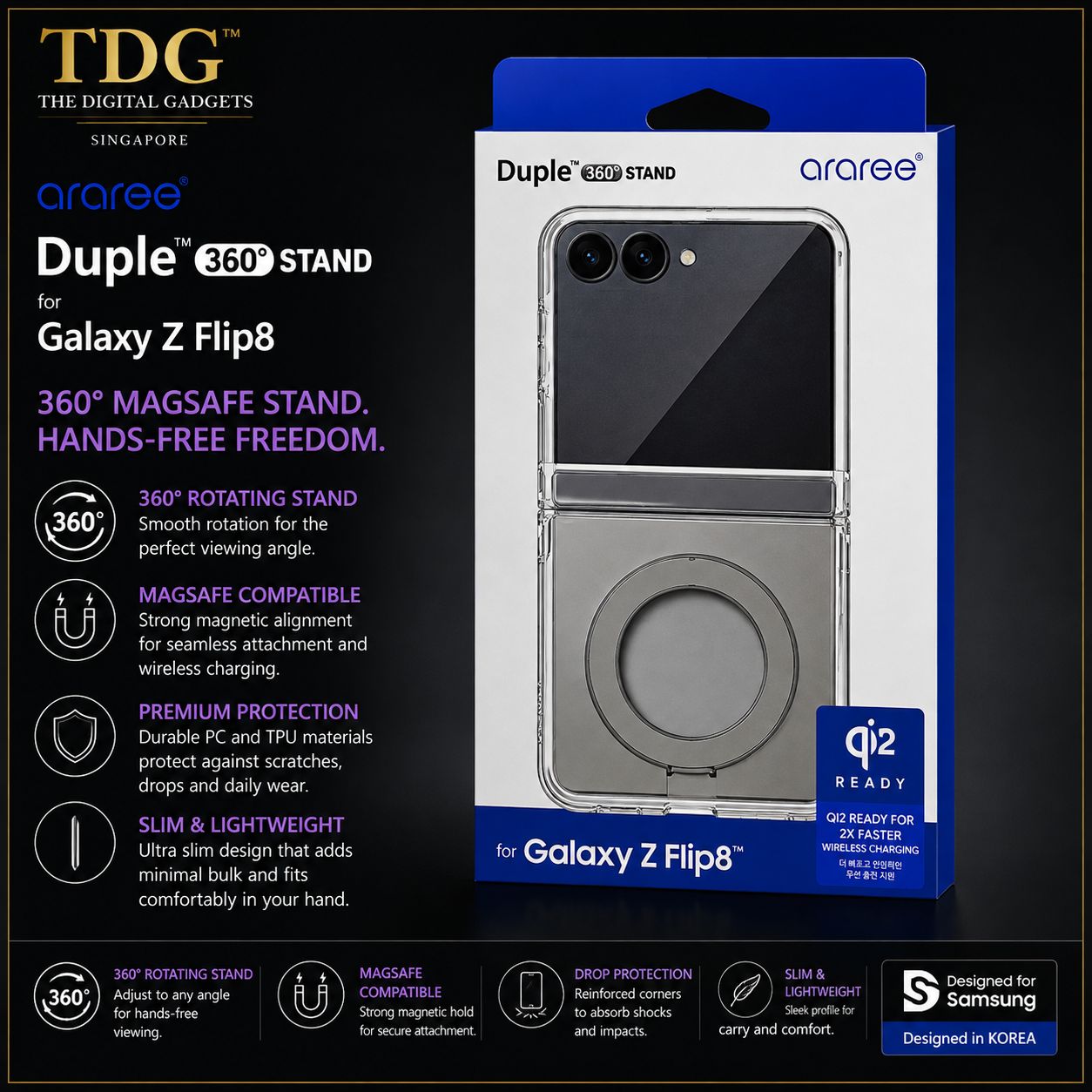 Araree Samsung Galaxy Z Flip8 Duple 360M Case, Clear Black