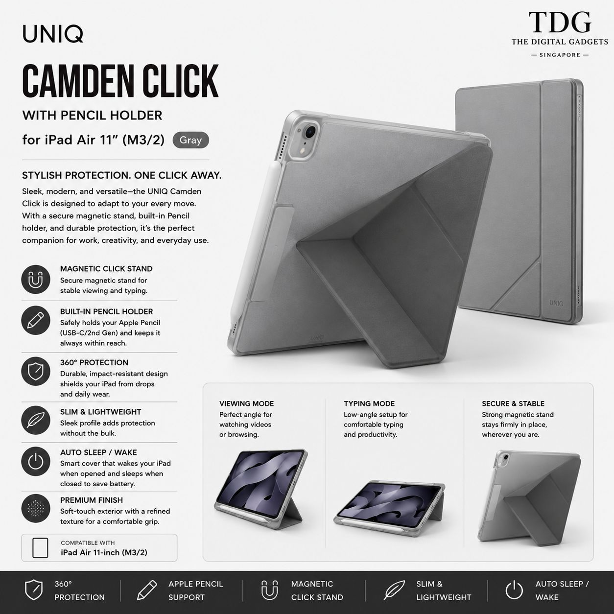 UNIQ iPad Air 11" (M3/M2) Camden Click Case with Pencil Holder – Grey