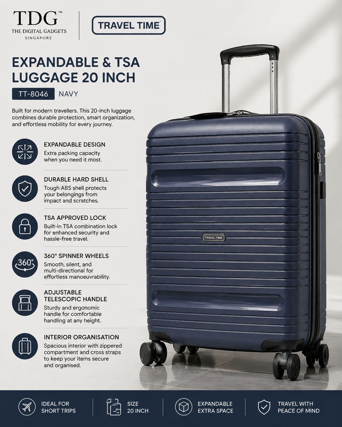 Travel Time Expandable &amp; TSA Luggage 20 inch, Navy (TT-8046)