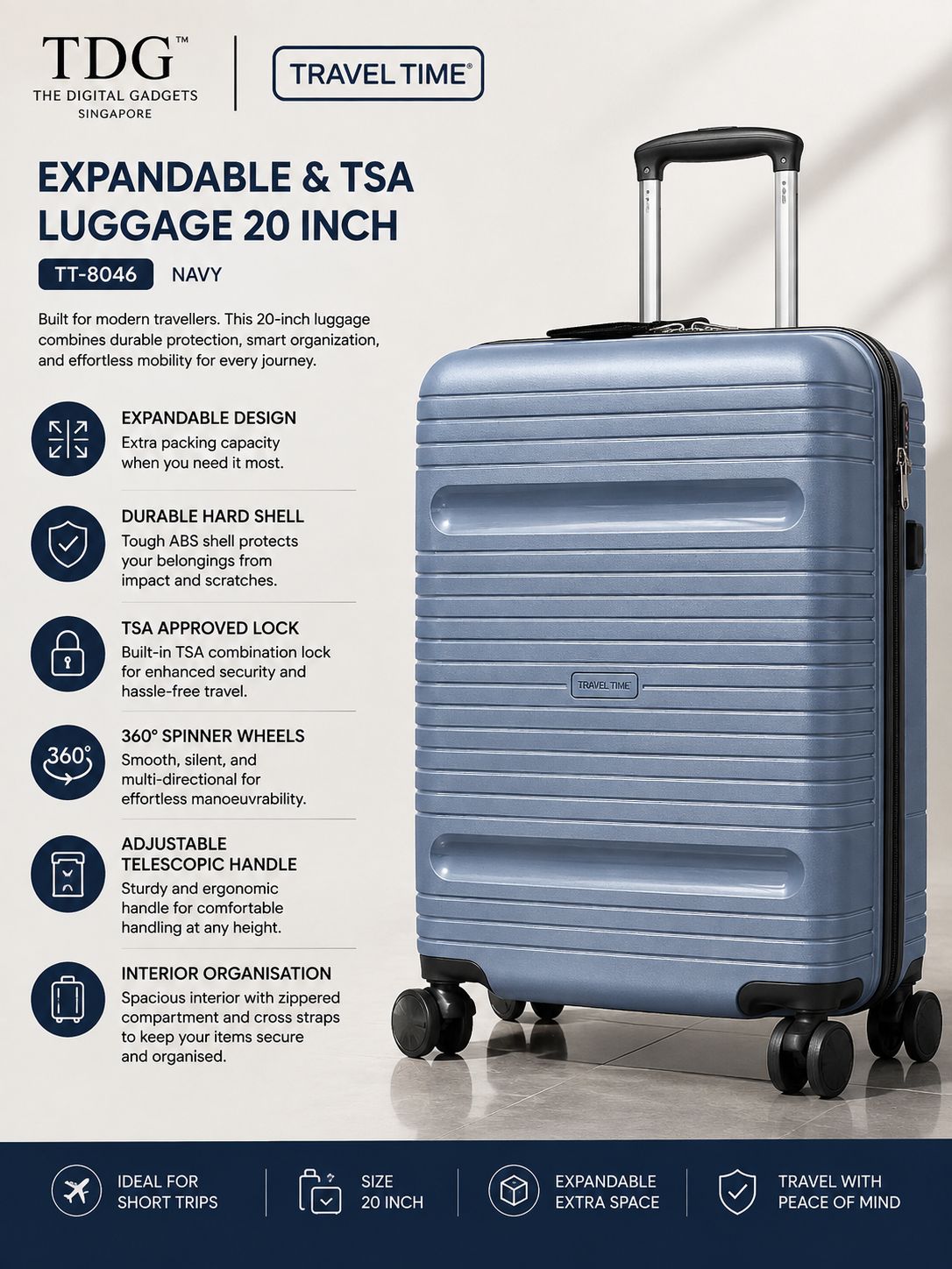 Travel Time Expandable &amp; TSA Luggage 20 inch, Stone Blue (TT-8046)
