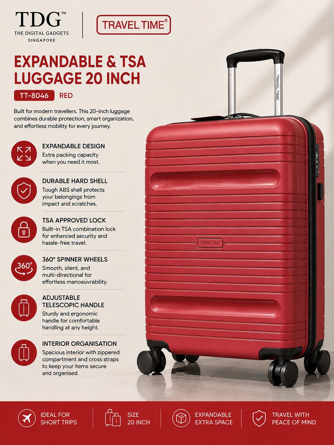 Travel Time Expandable &amp; TSA Luggage 20 inch, Red (TT-8046)