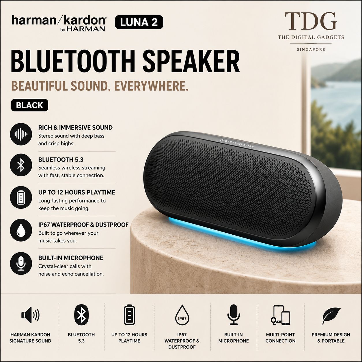 Harman Kardon Luna 2 Bluetooth Speaker, Black