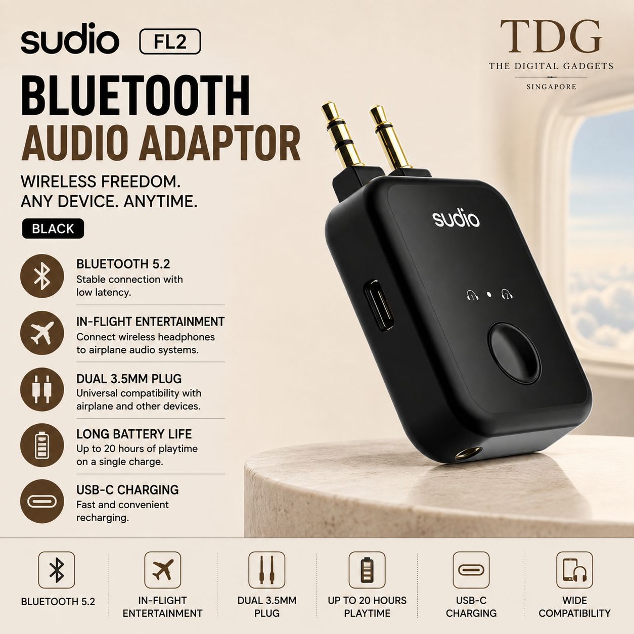 Sudio FL2 Bluetooth Audio Adaptor, Black