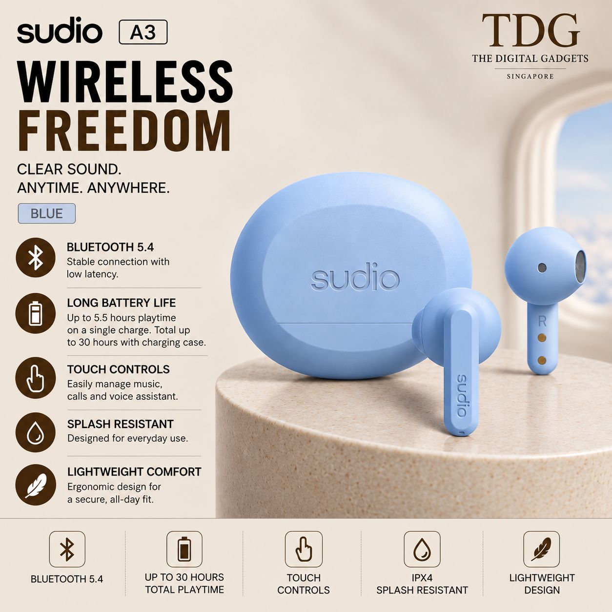 Sudio A3 Wireless Earbuds – Blue