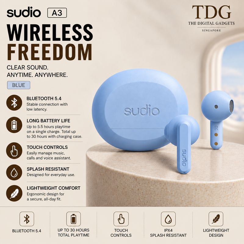 Sudio A3 Wireless Earbuds – Blue