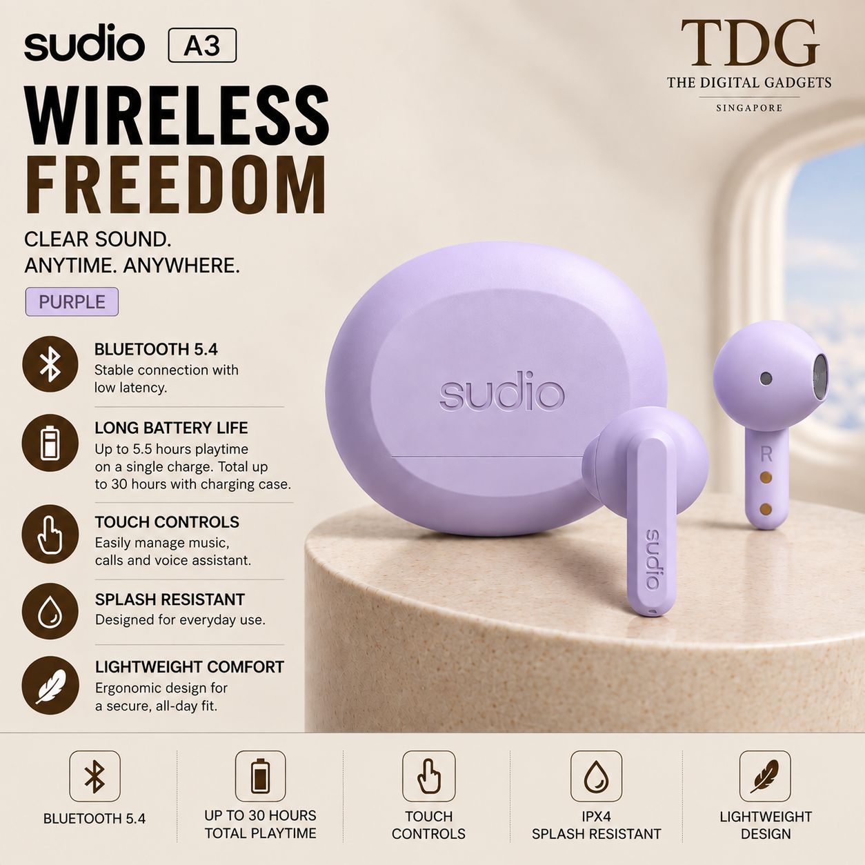 Sudio A3 Wireless Earbuds – Purple