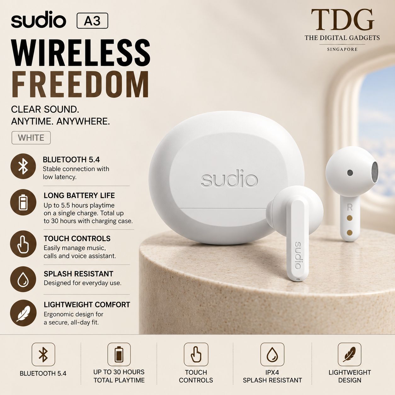 Sudio A3 Wireless Earbuds – White