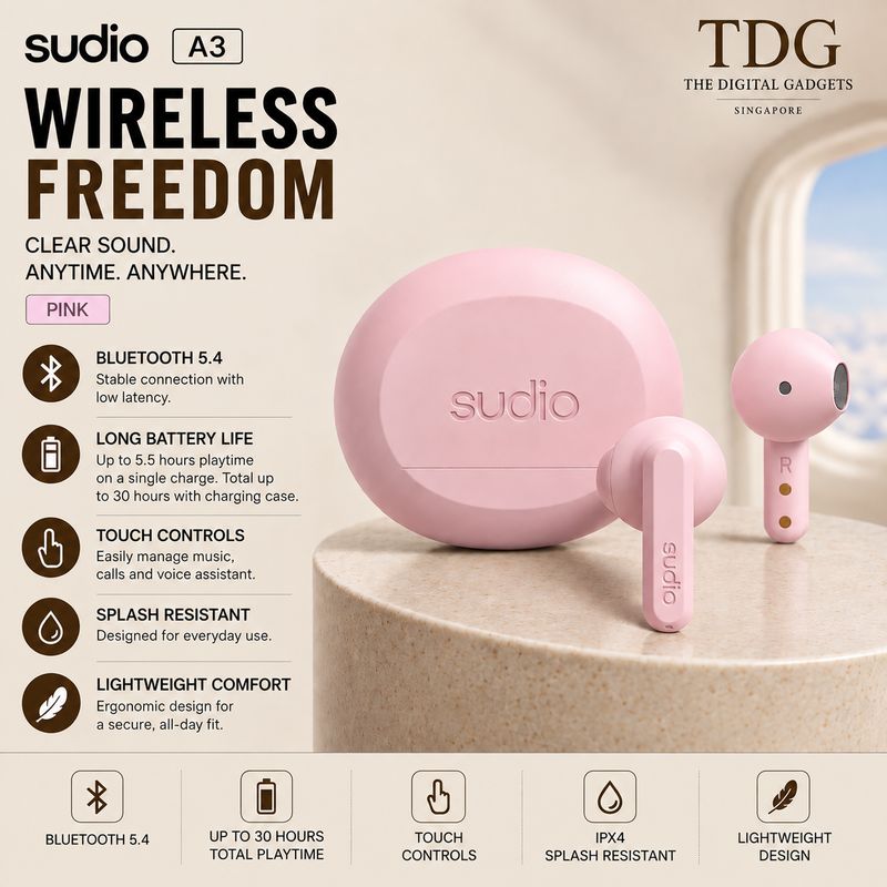 Sudio A3 Wireless Earbuds – Pink