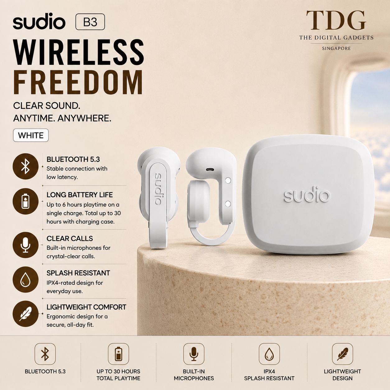 Sudio B3 Wireless Earbuds, White